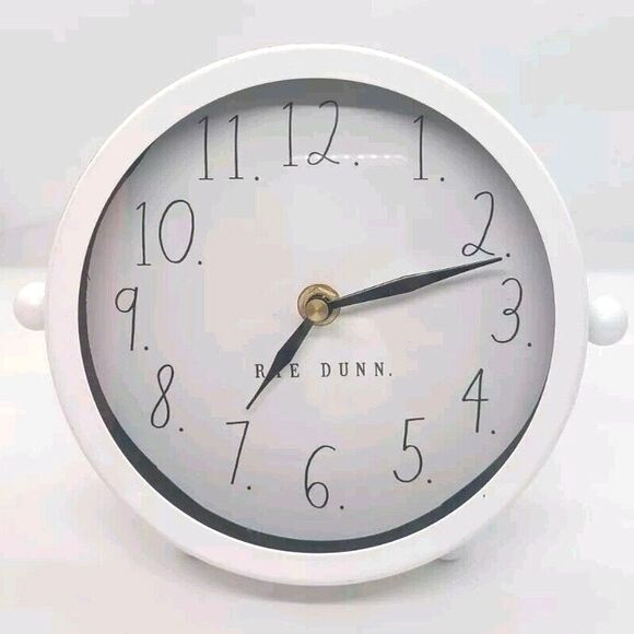 Small Rae Dunn Clock 8" Metal White Round Office Desk Footed Standing Battery - Picture 1 of 6